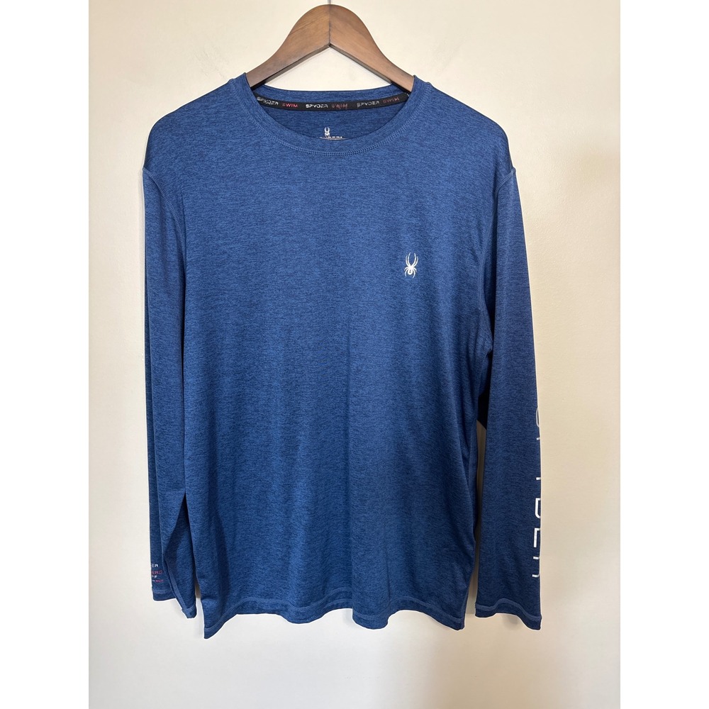 Spyder Mens Blue Long Sleeve Rash Guard UPF 50+ Swim Shirt Medium Heathered Logo